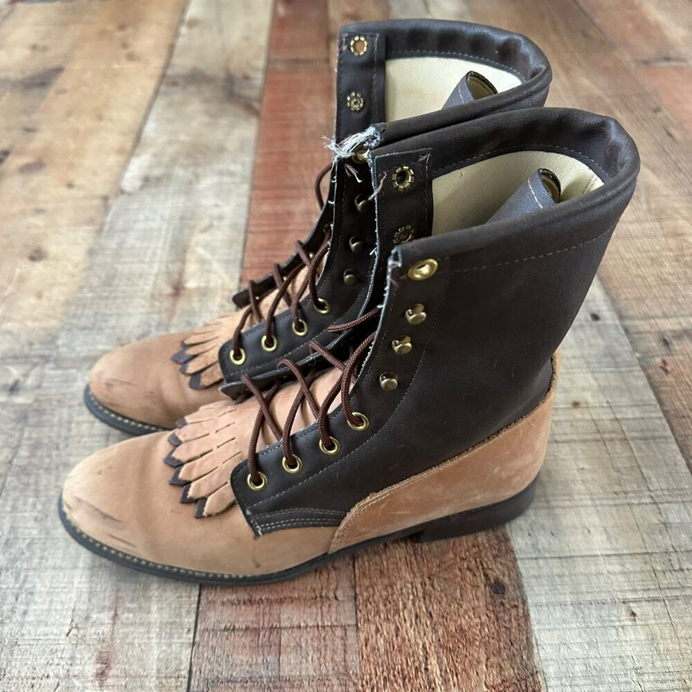 Vintage Texas Leather Work Boots Size 7.5 M Brown Black Fringe Style 4464 - Picture 12 of 12